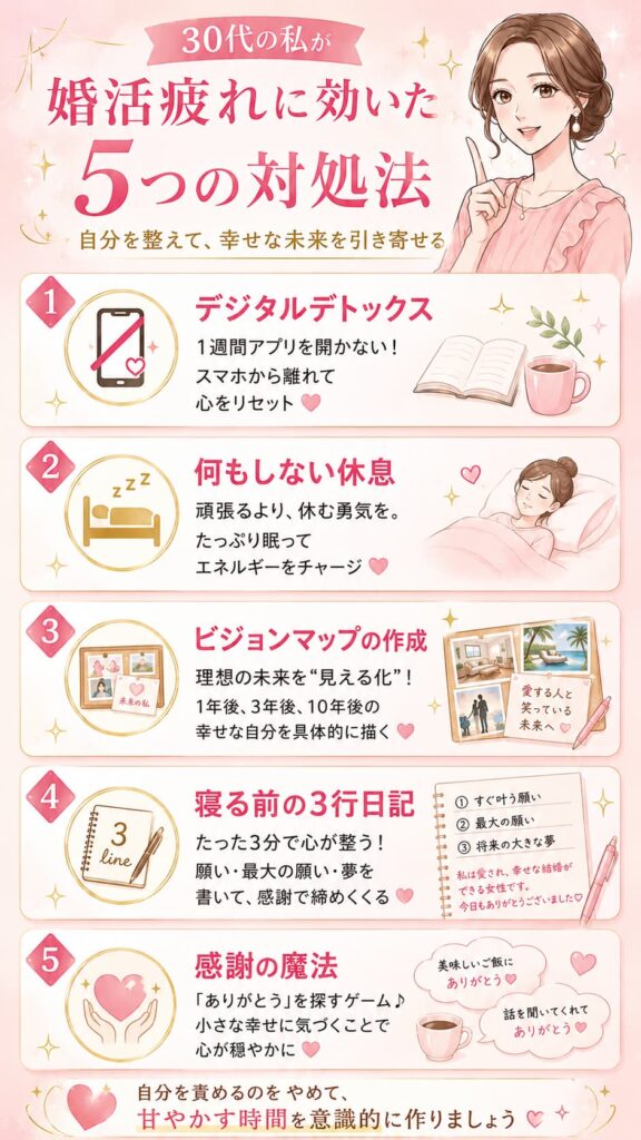 「30代の私が婚活疲れに効いた5つの対処法」というタイトルのインフォグラフィック。自分を整えて、幸せな未来を引き寄せるためのステップが描かれています。1: デジタルデトックス（1週間アプリを開かない）。2: 何もしない休息（頑張るより休む勇気を）。3: ビジョンマップの作成（1年後、3年後、10年後の幸せな自分を具体的に描く）。4: 寝る前の3行日記（願いと夢を書いて感謝で締めくくる）。5: 感謝の魔法（小さな幸せに気づくことで心が穏やかに）。一番下には「自分を責めるのをやめて、甘やかす時間を意識的に作りましょう」というメッセージがあります。