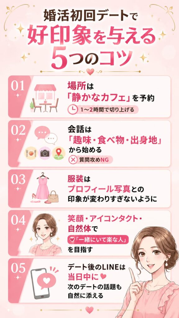 婚活の初回デートで好印象を与える5つのコツをまとめたインフォグラフィック画像。1.場所は「静かなカフェ」を予約（1〜2時間で切り上げる）、2.会話は「趣味・食べ物・出身地」から始める（質問攻めNG）、3.服装はプロフィール写真との印象が変わりすぎないように、4.笑顔・アイコンタクト・自然体で（「一緒にいて楽な人」を目指す）、5.デート後のLINEは当日中に（次のデートの話題も自然に添える）という5つのポイントが記載されています。ピンク色を基調とした大人可愛いデザインで、笑顔の女性のイラストが添えられています。