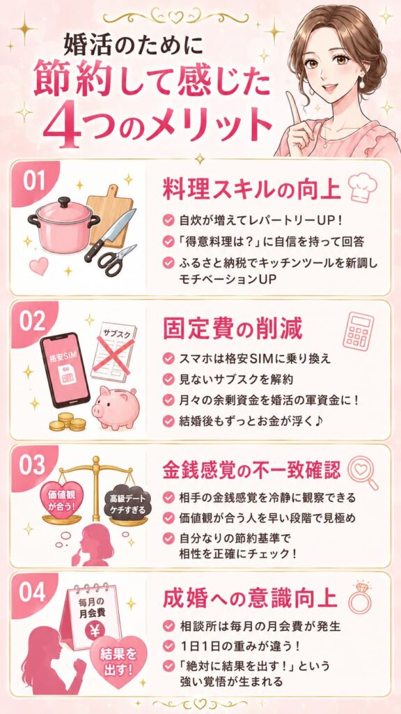 「婚活のために節約して感じた4つのメリット」と題されたインフォグラフィック画像。1.料理スキルの向上（自炊が増えてレパートリーUPなど）、2.固定費の削減（スマホは格安SIMに乗り換え、見ないサブスクを解約など）、3.金銭感覚の不一致確認（相手の金銭感覚を冷静に観察できるなど）、4.成婚への意識向上（「絶対に結果を出す！」という強い覚悟が生まれるなど）の4つのポイントが解説されています。ピンク色を基調とした大人可愛いデザインで、笑顔の女性のイラストや、鍋、スマホ、天秤などのアイコンが配置した図解