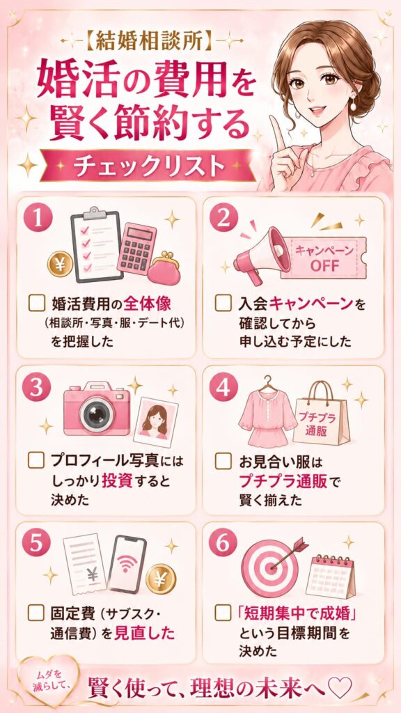結婚相談所での婚活費用を賢く節約するための6つのチェックリスト画像。1.婚活費用の全体像（相談所・写真・服・デート代）を把握した、2.入会キャンペーンを確認してから申し込む予定にした、3.プロフィール写真にはしっかり投資すると決めた、4.お見合い服はプチプラ通販で賢く揃えた、5.固定費（サブスク・通信費）を見直した、6.「短期集中で成婚」という目標期間を決めた、という6つの項目がかわいいイラストと共に描かれています。下部には「ムダを減らして、賢く使って、理想の未来へ」というメッセージがあります。