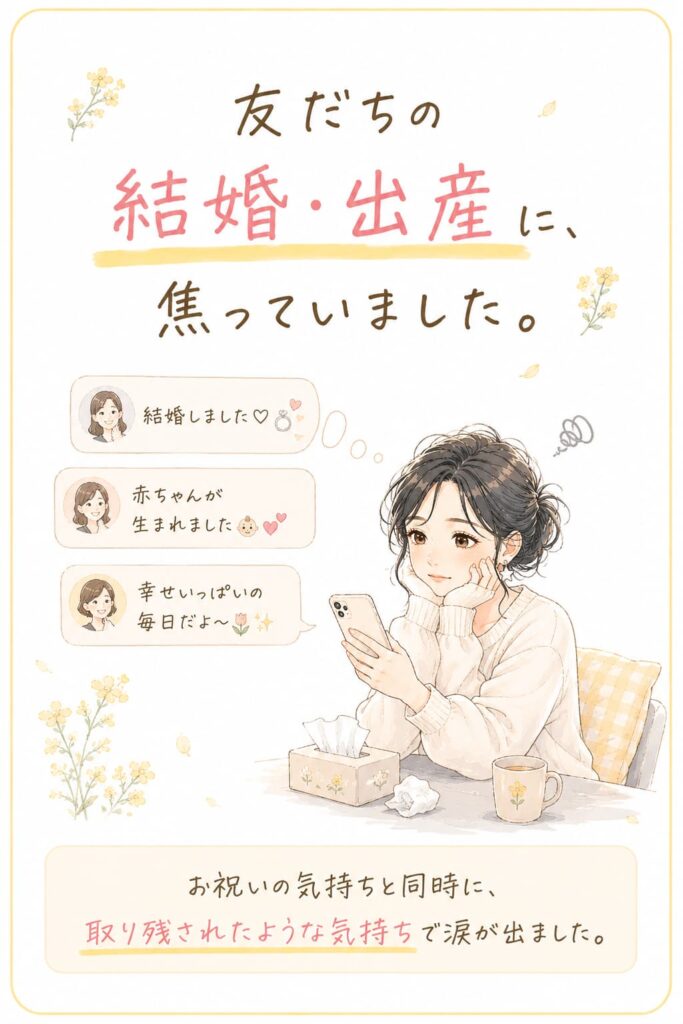 友人の結婚・出産に焦る女性イラスト