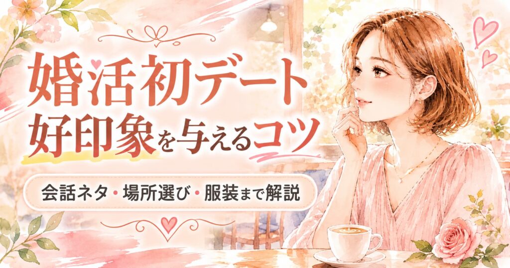 婚活初デートで好印象を与えるコツと会話ネタを解説した記事のアイキャッチ画像