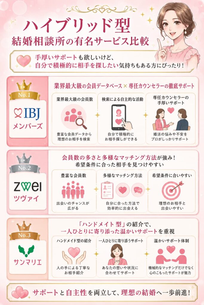 ハイブリッド型結婚相談所の有名サービス比較図解