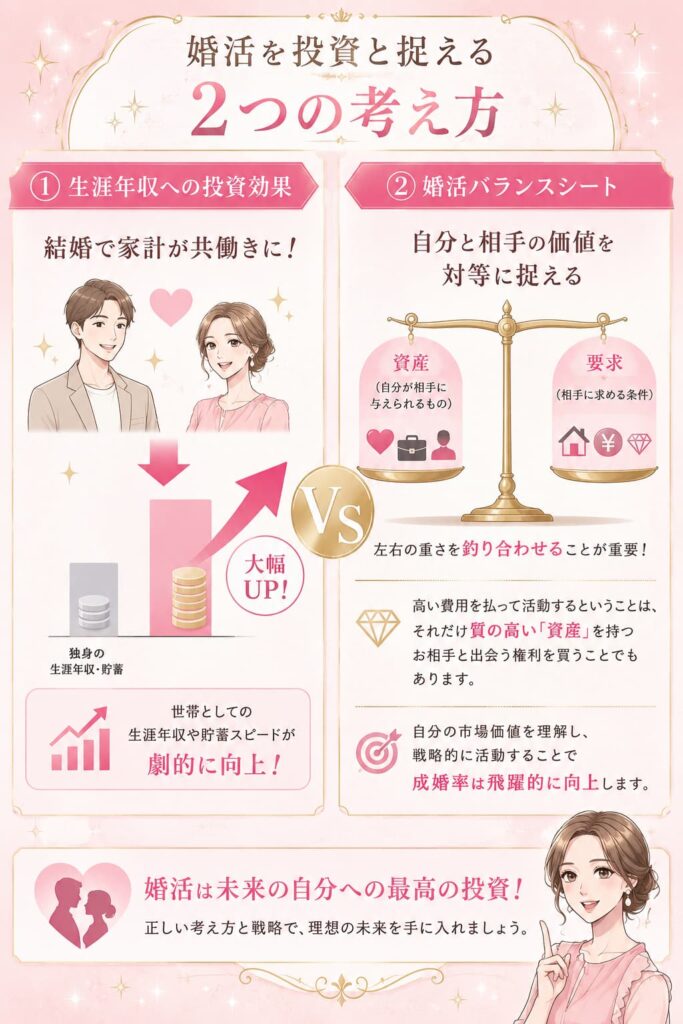 「婚活を投資と捉える2つの考え方」というタイトルのインフォグラフィック。1つ目は「生涯年収への投資効果」。結婚で家計が共働きになることで、独身時代より世帯としての生涯年収や貯蓄スピードが劇的に向上するという図解。2つ目は「婚活バランスシート」。天秤のイラストを用いて、自分の資産（相手に与えられるもの）と要求（相手に求める条件）の重さを釣り合わせることが重要と解説。高い費用を払うことは質の高い資産を持つお相手と出会う権利を買うことであり、戦略的に活動することで成婚率は飛躍的に向上すると記載。最後に「婚活は未来の自分への最高の投資！」というメッセージがあります。