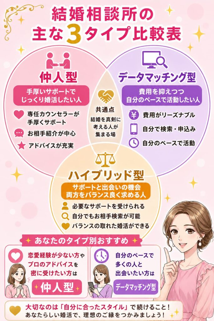 結婚相談所の主な3タイプ比較表の図解