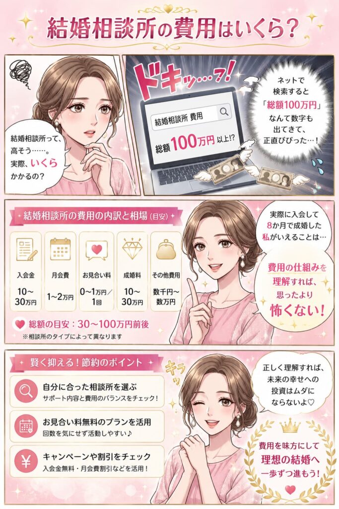 「結婚相談所の費用はいくら？」というタイトルの漫画風インフォグラフィック。1コマ目は「総額100万円以上!?」というネット検索結果に驚く女性。2コマ目は費用の内訳と相場（入会金10〜30万円、月会費1〜2万円、お見合い料0〜1万円、成婚料10〜30万円、その他費用。総額目安30〜100万円前後）を解説し、「実際に8か月で成婚した私が言えることは、費用の仕組みを理解すれば怖くない」と伝える女性。3コマ目は賢く抑える節約のポイント（自分に合った相談所を選ぶ、お見合い料無料プランを活用、キャンペーンや割引をチェック）を紹介し、「費用を味方にして理想の結婚へ一歩ずつ進もう」という前向きなメッセージが描かれています。