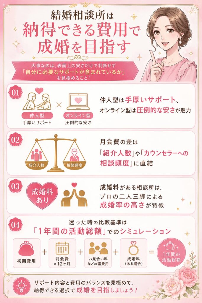 「結婚相談所は納得できる費用で成婚を目指す」というタイトルのインフォグラフィック。「大事なのは、表面上の安さだけで判断せず『自分に必要なサポートが含まれているか』を見極めること！」というメッセージ。4つのポイントとして、1: 仲人型は手厚いサポート、オンライン型は圧倒的な安さが魅力。2: 月会費の差は「紹介人数」や「カウンセラーへの相談頻度」に直結。3: 成婚料がある相談所は、プロの二人三脚による成婚率の高さが特徴。4: 迷った時の比較基準は「1年間の活動総額」でのシミュレーション（初期費用＋月会費12か月分＋お見合い料などの諸費用＋成婚料＝1年間の活動総額）と図解入りで解説されています。