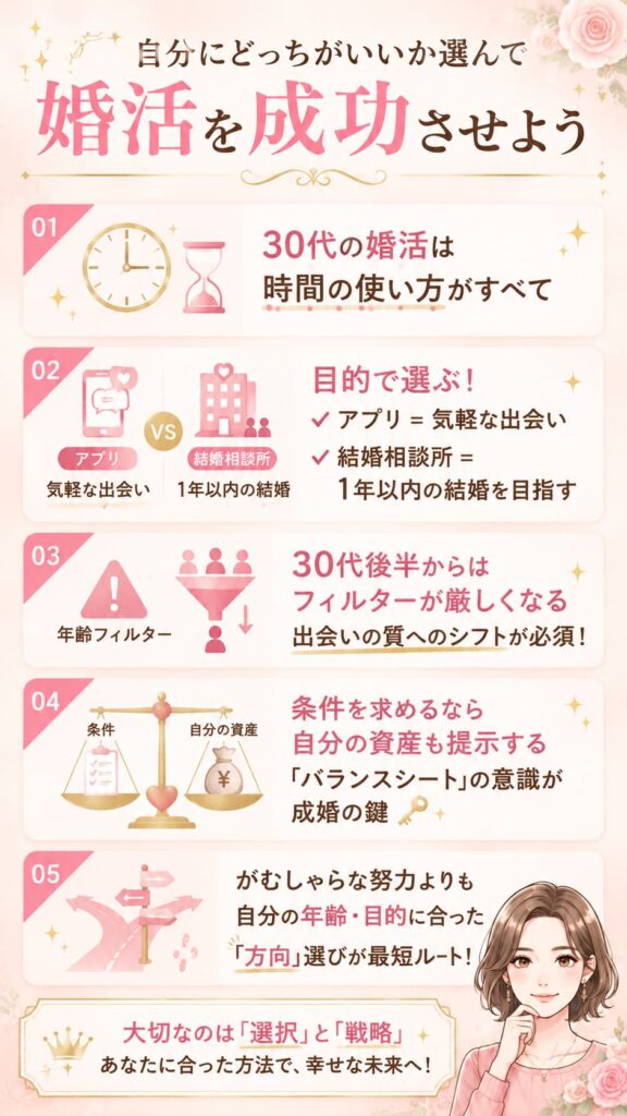 「自分にどっちがいいか選んで婚活を成功させよう」というタイトルのインフォグラフィック画像。婚活成功の秘訣として、1.時間の使い方がすべて（限られた時間を賢く使おう）、2.アプリは気軽な出会い・相談所は1年以内の結婚を目指す場所、3.30代後半からはアプリの年齢フィルターが厳しくなるため出会いの質へシフト、4.条件を求めるなら自分の資産も提示する「バランスシート」の意識が成婚の鍵、5.がむしゃらな努力よりも効率よくスマートに、6.自分の年齢や目的に合った「方向」選びが最短ルート、という6つのポイントが解説されています。ピンクを基調とした大人可愛いデザインで、笑顔の女性や時計、天秤、標識などのイラストが添えられています。
